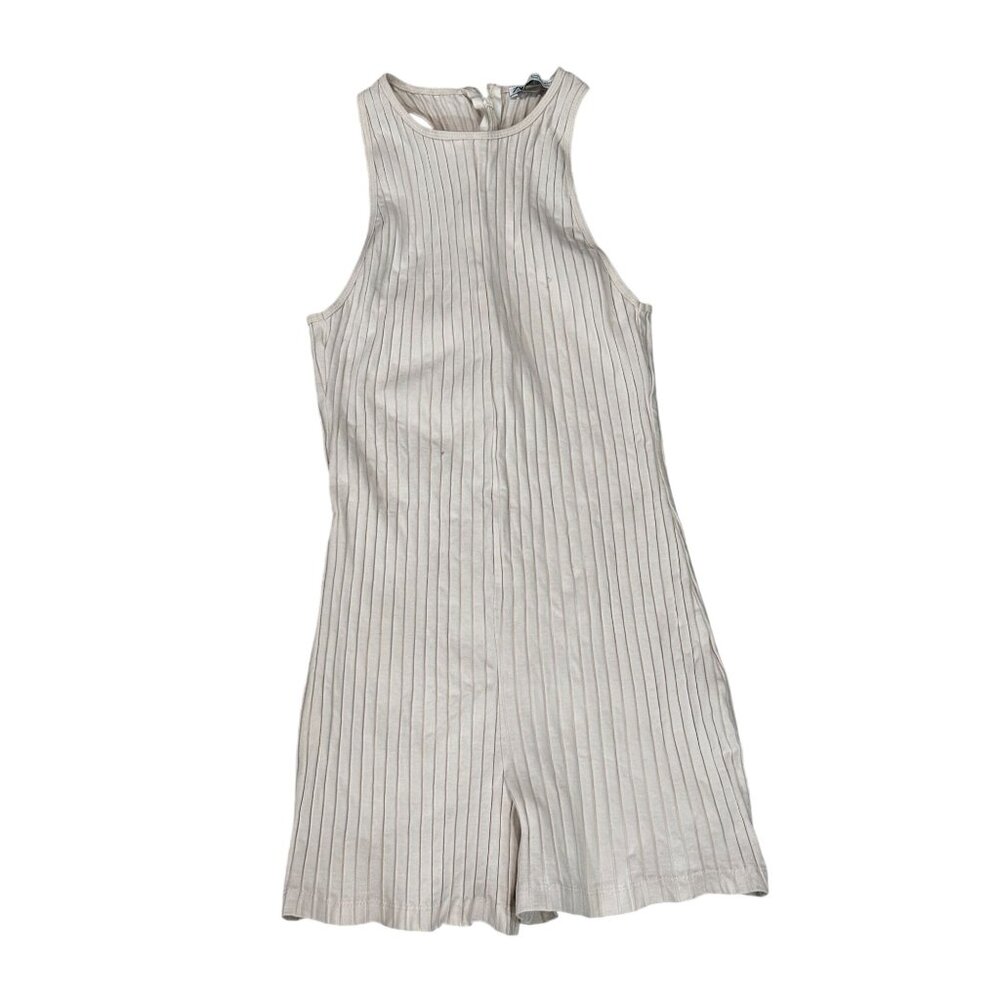 Zara Womens Sleeveless Ribbed Beige Romper M Cotton Blend Casual Jumpsuit
